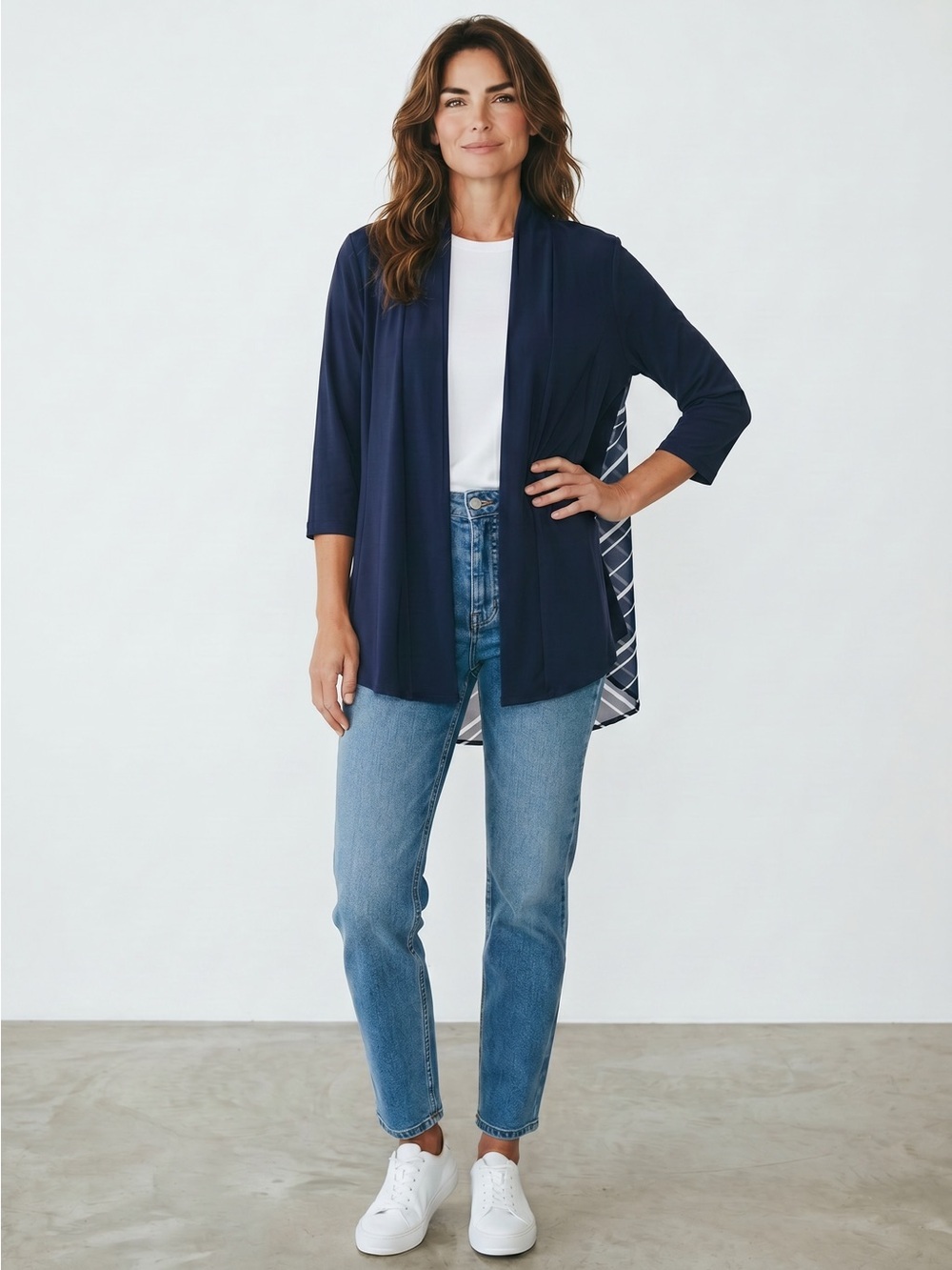 Chico's Navy Open Front Cardigan With Chiffon Striped Back Size 3 US XL